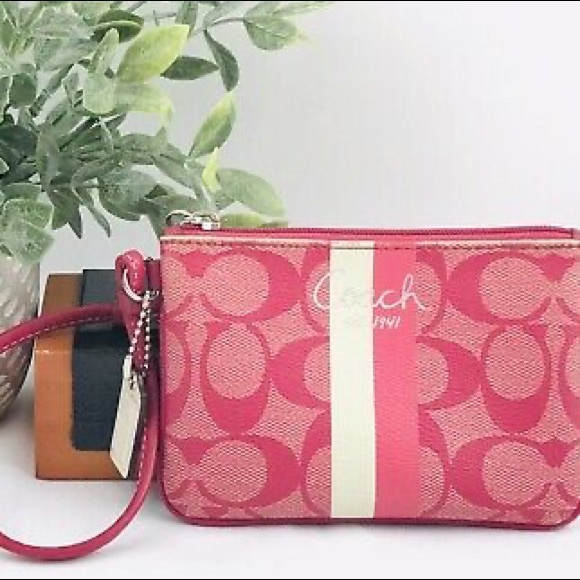 Coach Pink/White Stripe Signature Coated Canvas Wallet Wristlet - Picture 5 of 6